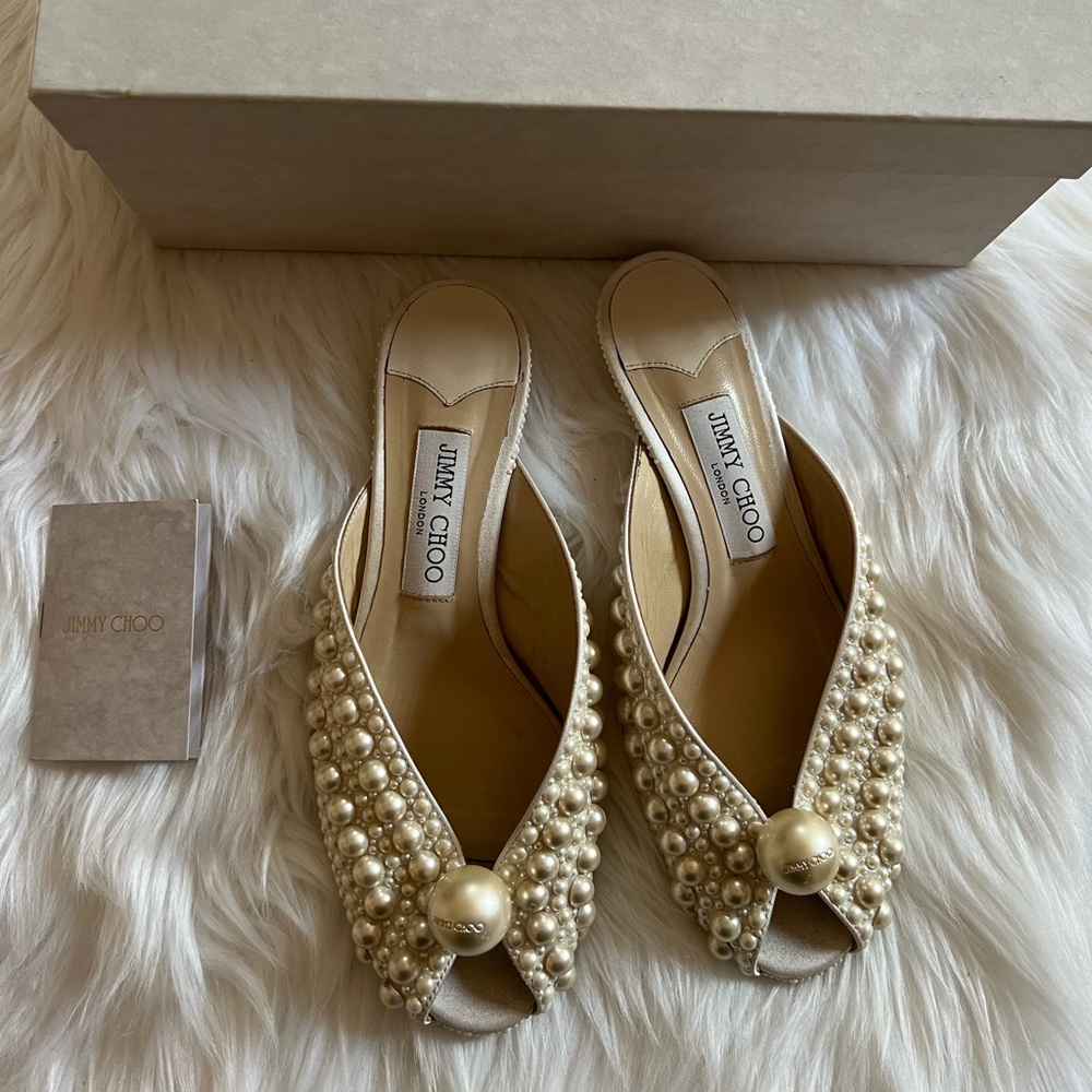 Jimmy Choo Samantha Pearl Mules Heels 37.5 7.5